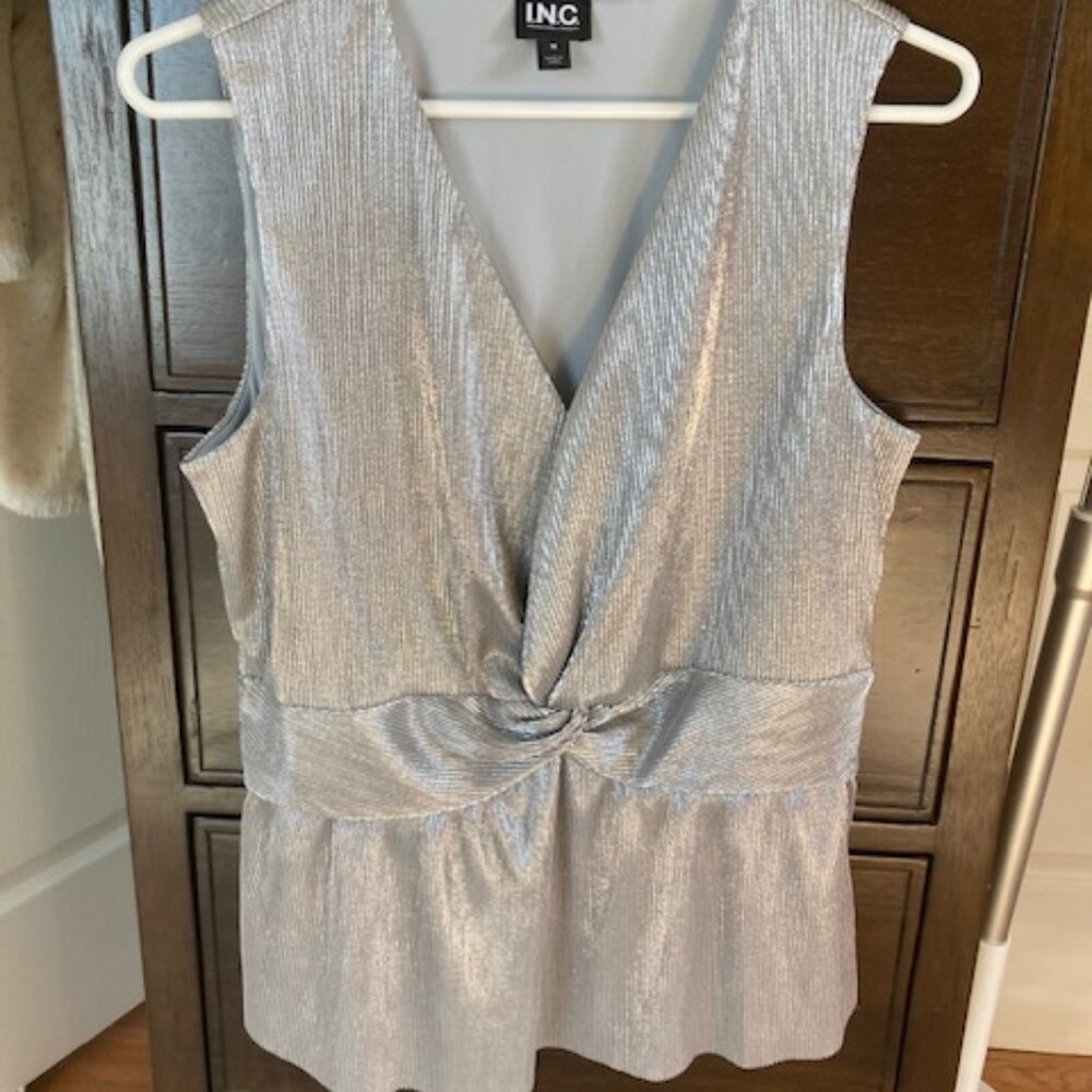 Shiny Silver Permanently Pleated Peplum Holiday Sleeveless Blouse